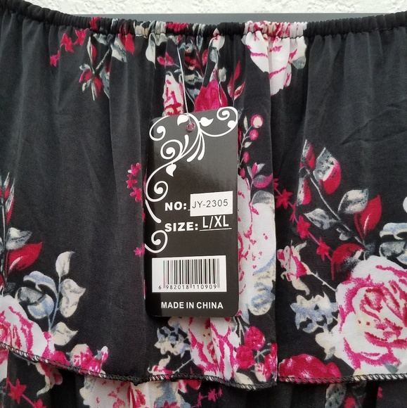 NWT Off The Shoulder Black Floral Mid Length Dress - Picture 3 of 3